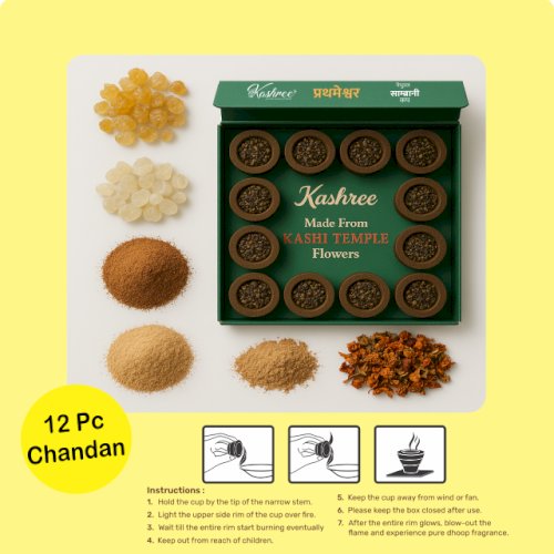 Prathameshwer Sambrani Havan Cup | Chandan – Made from KASHI Temple Flowers | Pack of 2(24 pcs +2 Burner Plate/Pack)